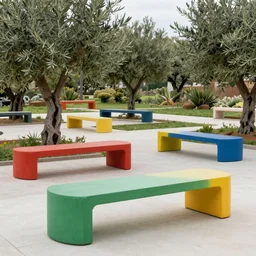 creative concrete benches, colorful, olive trees