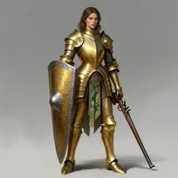 full body portrait of a female italian warrior medium length brown hair and a very highly detailed face wearing elegant golden plate mail armor with green and white accents, holding a large tower shield and a long flintlock pistol, highly detailed, digital fantasy painting, artstation, character concept art, sharp focus, illustration, art by artgerm and greg rutkowski and alphonse mucha