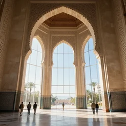 the inside of a monument with moroccan motifs, by tim blandin and arthur haas and bruce pennington and john schoenherr, big windows architecture by zaha hadid, octane render, cinematic, scenery, cgsociety, modernism, futuristic, trending on artstation, sci - fi, high detail, high quality, close up angle, people walking