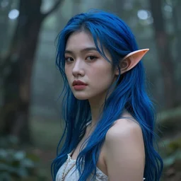 beautiful young Asian elf woman with elf ears and blue hair in a hazy forest at dusk, by Frank Frazetta