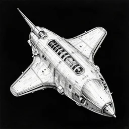bw drawing of spaceship by mc escher, black background