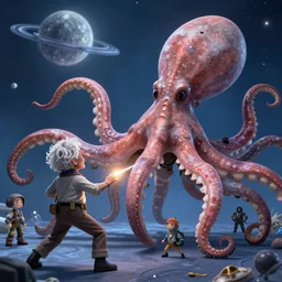 Carl Sagan fighting a giant octopus Pixar style by Tristan Eaton Stanley Artgerm and Tom Bagshaw