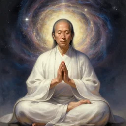 Portrait of Satoshi Nakamoto reaching enlightenment and becoming one with the universe, highly detailed, concept art, illustration, cinematic, artstation, digital painting, mystical, zen