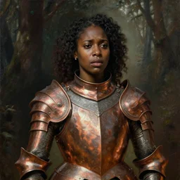 a detailed, beautiful portrait oil painting of keisha castle hughes, with a hurt expression, wearing intricate, etched copper armor in an ancient forest, by donato giancola, john williams waterhouse, and william adolphe bouguereau