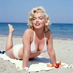 marilyn monroe on a greek beach sunbathing, sunny day, happy