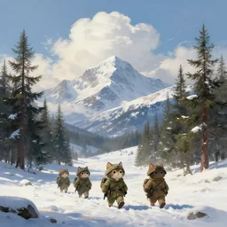 portrait of cute cat soldiers traveling in tundra between pine trees underneath big mountains with giant clouds, digital painting by rembrandt, volumetric lighting, concept art, d & d, artstation, epic 8 k