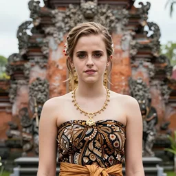emma watson wearing batik bali in bali. temple background. front view. instagram holiday photo shoot, perfect faces, corrected faces, 3 5 mm, award winning photography