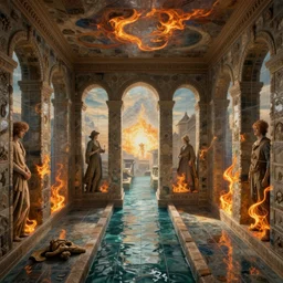 tiled room squared waterway, aqueducts, fantasy. intricate. by artstation trending, by joseph mallord william turner, luis royo, konstantin razumov, cinematic lighting, fractal flame, highly detailed