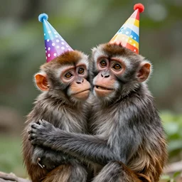 realistic Mowgli hugging a monkey wearing a birthday hat, birthday, happy, hyper realistic, highly detailed