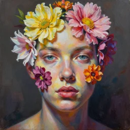 a painting of a human head with flowers on it, an airbrush painting by android jones, trending on zbrush central, generative art, made of flowers, detailed painting, biomorphic