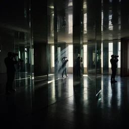 interior of an apartment, full of mirrors, reflections, photographer in the mirror, rays of light, dark color scheme