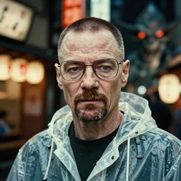 Kodak Portra 400, 8K, highly detailed, walter white breaking bad style 3/4 extreme closeup portrait, clear eyes, focus on clear transparent raincoat model, tilt shift h.r giger style background: famous blade runner remake, tokyo izakaya scene