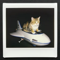 80s polaroid colour flash photograph of a giant cat riding a spaceship