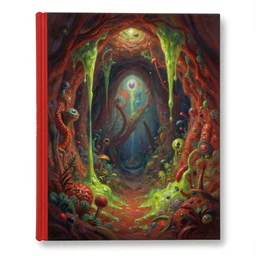 fantasy oil painting, portal from new york to hidden underground place with microscopic magic forest world, exotic vegetation, green slime oozing down, art by brothers hildebrandt, book cover illustration, sharp focus, extremely detailed, red color