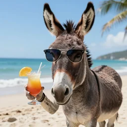a human donkey is wearing cool sunglasses and holding a coctail at the beach, 8k, hyper-detailed, photorealistic