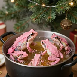 highly detailed pink frogs being cooked in a pot beneath a christmas tree, realistic,