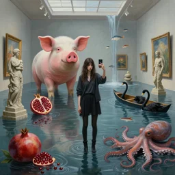 painting of a tall emo girl in a flooded art gallery, taking a selfie, a giant pig, pomegranates, octopus, cephalopods, flooded, stone sculptures, art on the walls, fish, zen, waterfall, black swans, canoe, berries, surrealist, by magritte and monet