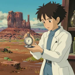 realistic interior shot from howls moving castle ( 2 0 0 4 ) of a scientist looking at a silver pocket watch. flooded desert monument valley stonehenge cartoon depth of field.