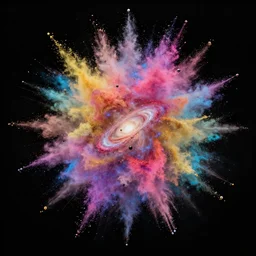 a centered explosion of galaxy colorful powder on a black background, long shot, amazing detail