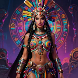 hyper detailed ultra sharp aztec underworld warrior trance girl, kate beckinsale. trending on artstation, warpaint aesthetic, earthwave, colorful, neon, ornate, intricate, digital painting, concept art, smooth, sharp focus, illustration, art by artgerm and greg rutkowski and h. r. giger, 8 k