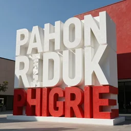 a text sculpture white and red outside a museum