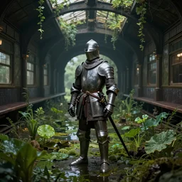 a medieval knight an empty dark flooded train station overgrown with aquatic plants