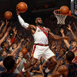 a detailed digital art rendition of lebron james as kratos throwing basketballs in a mosh pit, art by norman rockwell