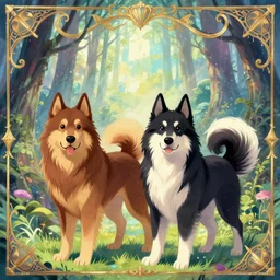 two finnish lapphunds, one brown and tan domino one black with white markings, pointy ears, fanart ornate fantasy ori and the blind forest cover style official behance hd artstation by jesper ejsing, by rhads, makoto shinkai and lois van baarle, ilya kuvshinov, rossdraws pastel vibrant