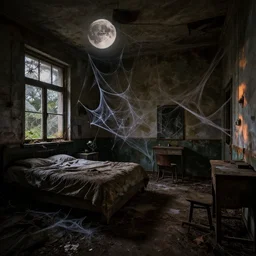 eerie abandoned hospital room, filled with spider webs and reclaimed by nature, dark moonlit, warm eerie vibes sinister aesthetic