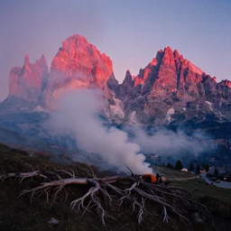 1 9 2 0 s color spirit photography 9 1 1 1 2 1 of alpine red sunrise in the dolomites, smoke from mountains, roots, by william hope, beautiful, dreamy, grainy