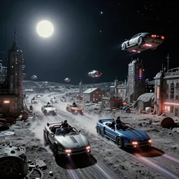 hovercraft cars leaving trails in a Russian cyberpunk slum city called Neo Norilsk on the Moon, at night, diverse, lively, black sky full of stars, blinding sun, sci-fi, lots of flying cars, levitation, cyberpunk outfits, photorealistic, grainy, 35mm, intricate, very very beautiful, elegant, smooth, cinematic, Unreal Engine 5, by Beeple, trending on Artstation HD
