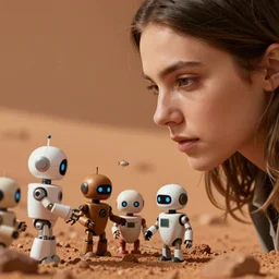 closeup profile face portrait of a high quality presentation photo of cute robots working on mars, nicoletta ceccoli, mark ryden, lostfish, photography 4 k, f 1. 8 anamorphic, bokeh, 4 k, canon, nikon