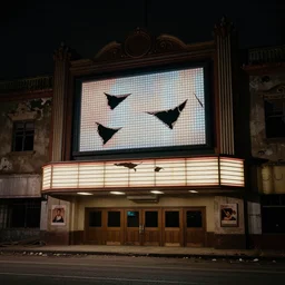 old photo of a torn down cinema with flickering screen, dark, cinematic, stylish, vintage, realistic.
