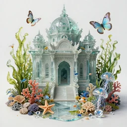 hyperrealistic detailed painting of an abandoned oriental temple made of glass, with flowers, butterflies, corals, sea kelp, sea plants, fish, starfish, jellyfish, diamonds, filaments, golden filigree, neon lights, art by ernst haeckel, john william godward, hammershøi, alphons mucha, pontormo, ornamental, decorative, art nouveau wallpaper, lights by hopper, pastel deep colours,