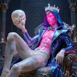 hyper detailed ultra sharp photo of fullbodied baroque and bladerunner delicate neon crystalline sculpture of seductive onyx albino marble prince zayn malik dotado pink iridescent humanoid deity wearing blue hooded metallic tuxedo holding an glass skull in a onyx dungeon, reclining, glowing magenta face, crown of white diamonds, cinematic lighting, photorealistic, octane render 8 k depth of field 3 d