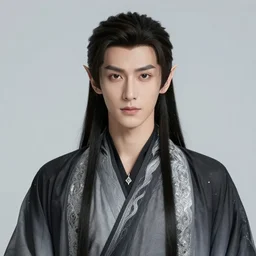 portrait, beautiful male elf, long hair, elegant, super detailed, light black robes with silver accenting, silver very ornate jewelry, cape, 8 k, cinematic, backlight, octane render, dusk, trees, warm lighting, artstation, greg rutkowski, rossdraws, william bouguereau, sharp focus