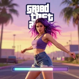 a beautiful dancing woman with ombre purple pink hairstyle in a stunning GTA V loading screen, hair blowing in the wind, sunset mood, outrun, vaporware, retro, digital art, trending on artstation