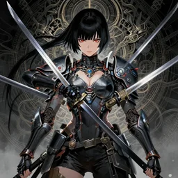 a beautiful ukiyo full body portrait of cyberpunk battle princess with swords, detailed symmetrical close up portrait, intricate complexity, concept art, by takato yamamoto, wlop, krenz cushart. cinematic dramatic atmosphere, sharp focus