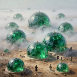 hyper detailed painting of giant domes made of bright, shining, vibrant green emerald glass, sprawling across majestic parched plains in a thick fog, by francisco goya and rembrandt, unsettling, mysterious, by stephan martiniere and alexander fedosav, hyperrealism, 8 k resolution, behance hd, artstation, nightcafe