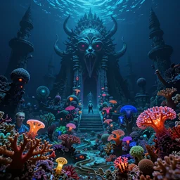 nightmare temple of the deep ocean by zdzisław beksinski, ernst haeckel, ed binkley, and wayne barlow, bioluminescent, colorful coral reef, ai biodiversity, photorealistic ultrasharp hyperdetailed octane render, psychedelic
