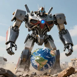 giant robot destroying earth with its hands photorealistic HD 4K award winner
