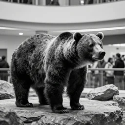 grainy, black - and - white security footage of a grizzly bear in a mall