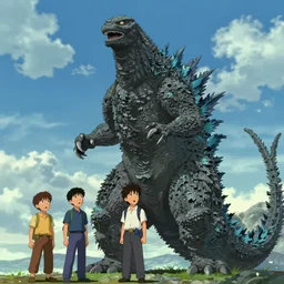 Men look up at the sky, frightened, Scenes from Godzilla(2000)