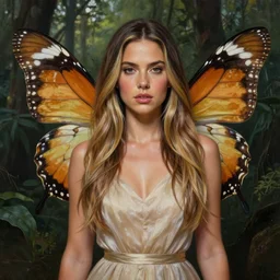 full body portrait of mila kunis with two butterfly wings, ultra realistic. elegant, highly detailed, digital painting, detailed face, 8 k, forest background. artstation, ultra realistic. elegant, artstation, in the style of artgerm, donato giancola, joseph christian leyendecker, wlop and boris vallejo