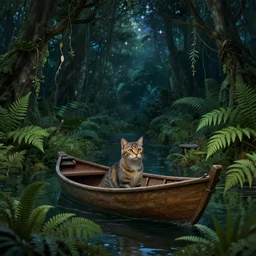 cat in a boat, ferns, jungle, night, stars, highly detailed, unreal engine render concept art, style of henri rousseau and richard scarry and hiroshi yoshida