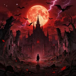 abandoned bloodborne old valley with a person at the centre and a ruined gothic city at the emd, trees and stars in the background, bats in the sky, falling red petals, epic red - orange moonlight, perfect lightning, wallpaper illustration by niko delort and kentaro miura, 4 k, ultra realistic
