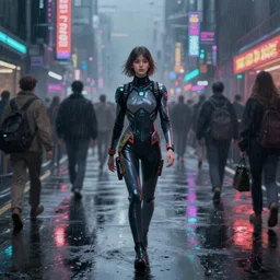 painting. digital art. young woman wearing an [ [ [ [ [ [ [ eva suit ] ] ] ] ] ] ]. high tech. walking down busy city street. crowds of people. night. [ [ [ hazy ] ] ]. [ [ [ foggy ] ] ]. [ [ [ [ raining ] ] ] ]. neon lights. cyberpunk. blade runner. holograms. reflections