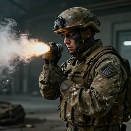 soldier fighting aliens with microphone photorealistic