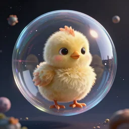 ground - level wide - angle shot of a very cute fluffy furry alien chick sitting inside a giant glass sphere floating through space, concept art, by esao andrews, by m. w. kaluta, by pixar, volumetric light, rich colors, very humorous!!!, realistic reflections, smooth, depth perception, tilt shift, 4 k, unreal engine 5, artstation