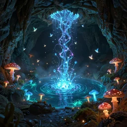 unreal engine render of a beautiful, highly detailed and realistic bioluminescent pool in a dark cave full of glowing mushrooms, fifty tiny faeries fly around, golden ratio, atmospheric fog, masterpiece, stunning, panavison